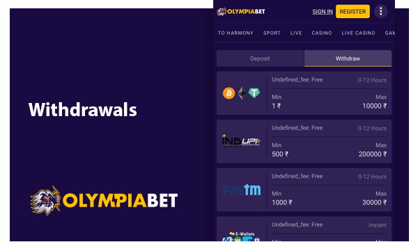 List with Withdrawals methods at Olympiabet app